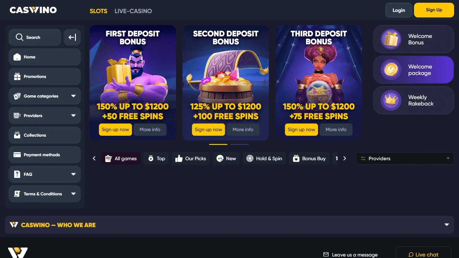 Caswino Casino games interface on desktop