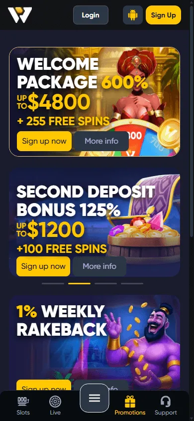 Caswino Casino promotions interface on a mobile device