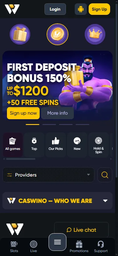 Caswino Casino home interface on a mobile device