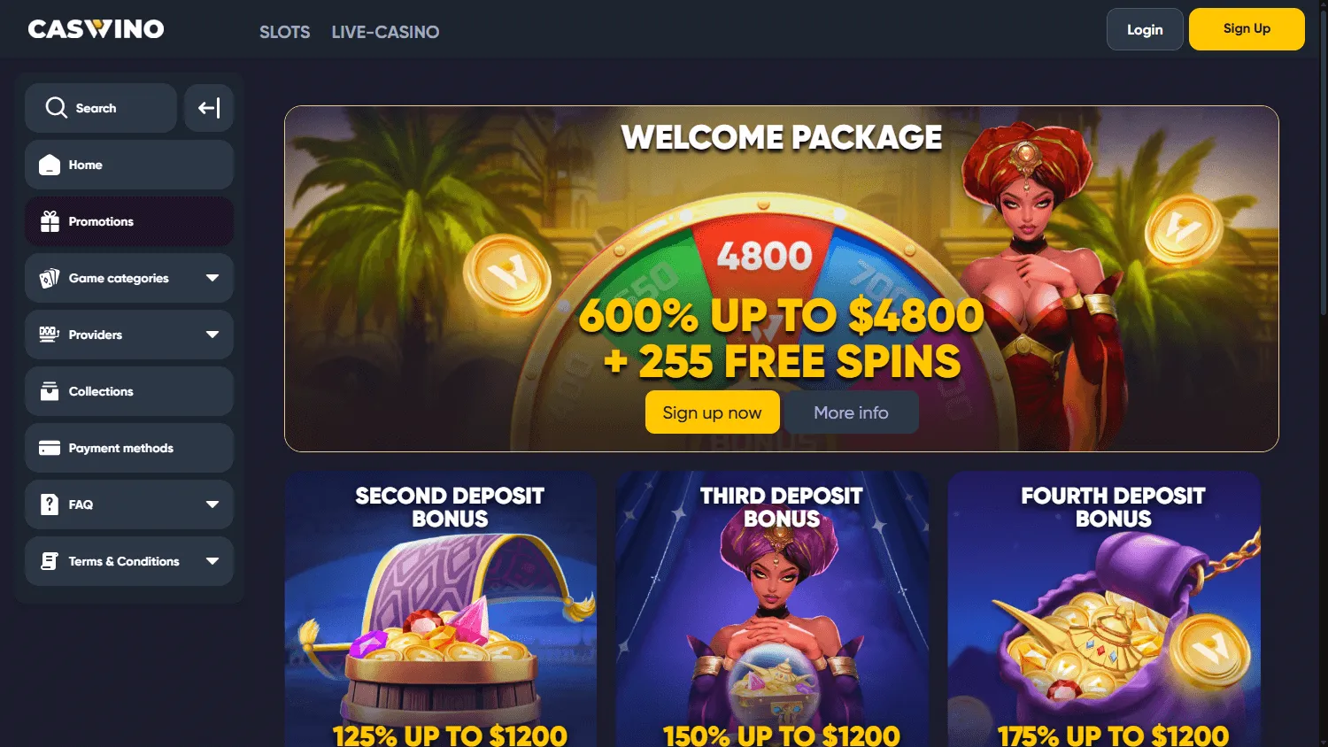 Caswino Casino promotions interface on desktop